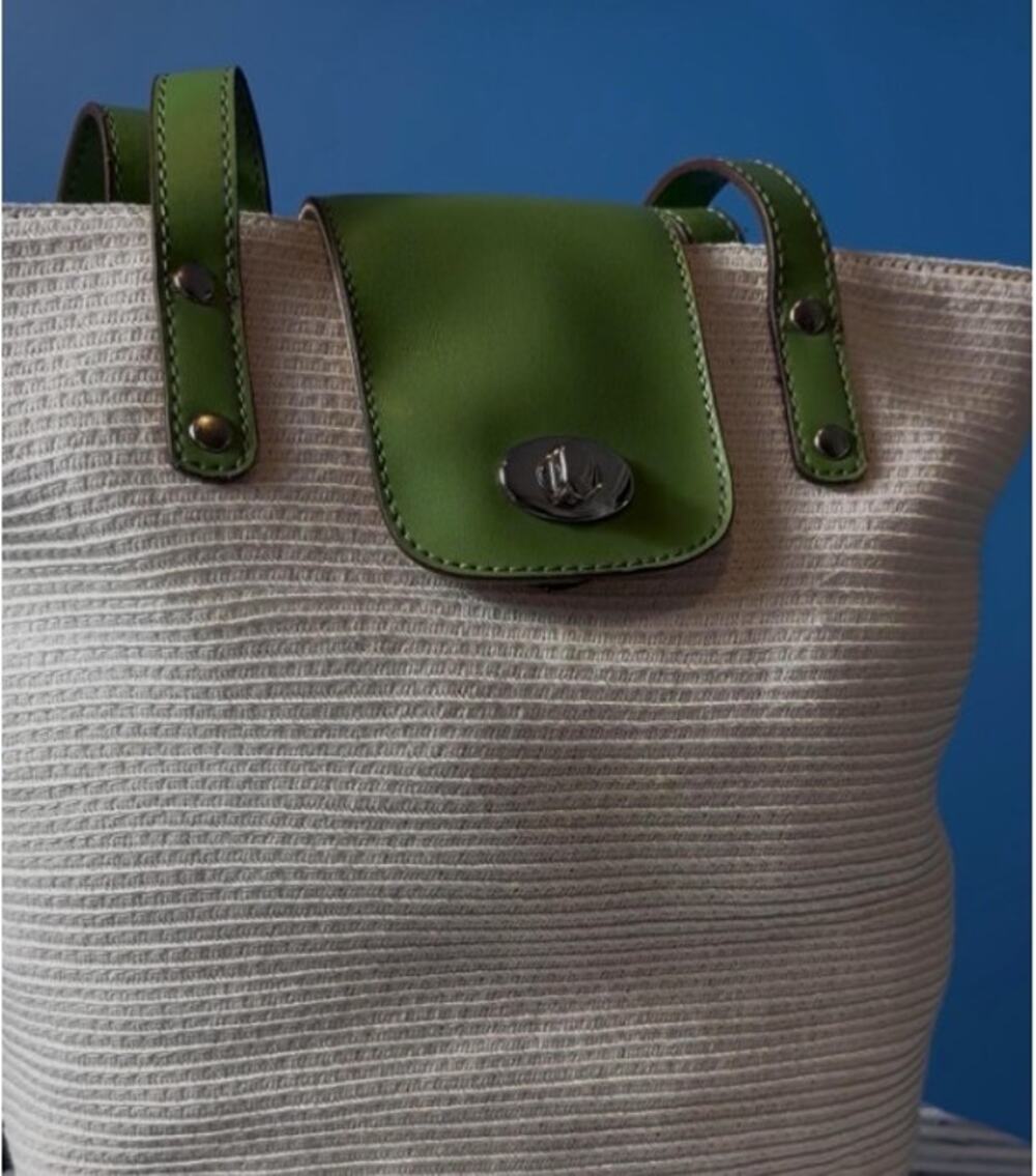 Villager Cream Textured Woven Tote with Green Accent